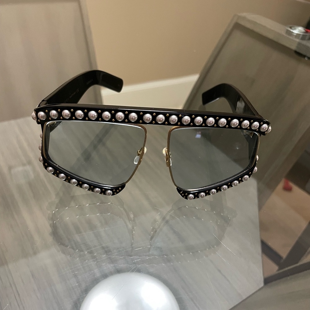 Gucci Rectangular Acetate Sunglasses With Pearls … - image 1